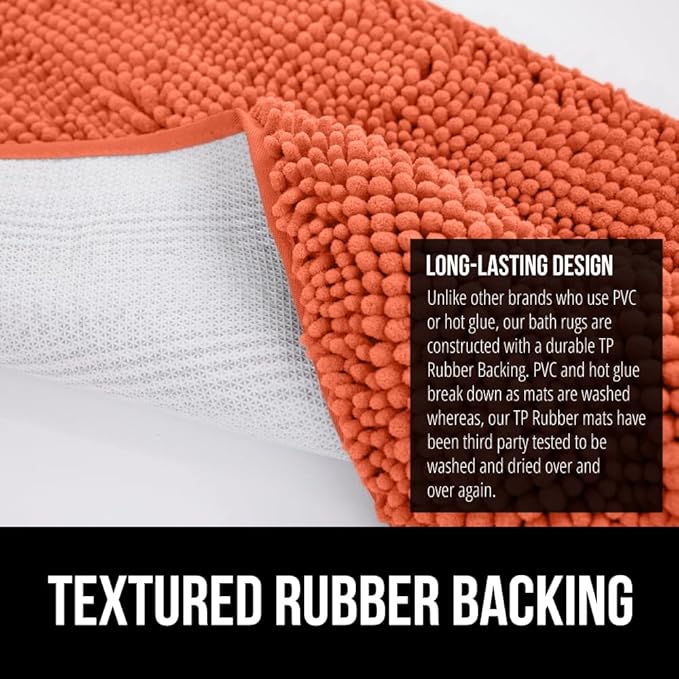 GORILLA GRIP Plush Absorbent Shaggy Chenille Bath Rug Mat for Square Toilet Base with Rubber Backing, Machine Washable Rugs, Soft Microfiber Contour Mats for Toilets, Bathroom Decor, Coral