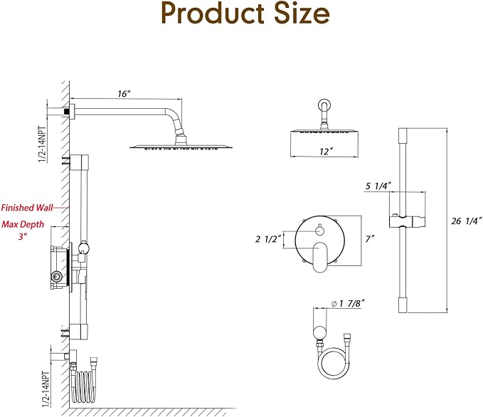Gabrylly Shower System, High Pressure 12" Rain Shower Head with Handheld Shower,Wall Mounted Slide Bar Shower Faucet Set Complete, Shower Combo Set with Shower Valve,Matte Black
