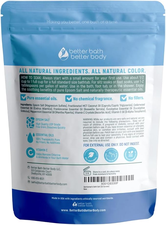 Gentleman's Bath Salt 32 Ounces Epsom Salt with Natural Cedarwood, Frankincense, Eucalyptus and Peppermint Essential Oils Plus Vitamin C in BPA Free Pouch with Easy Press-Lock Seal