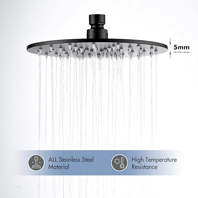 Rainfall Shower Head, MEDIOMI Rain Shower Head Set - Ultra-Thin Design High Flow Stainless Steel Large Round Rain Shower Heads with Shower Arm and Flange (8-Inch, Matte Black)