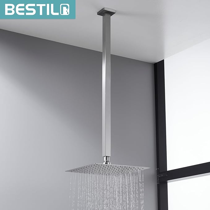 BESTILL 24 Inch Brushed Nickel Ceiling Mount Shower Arm and Flange, Square Rain Shower Arm