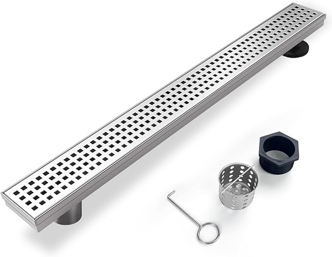 Offset Linear Shower Drain, Shower Drain 24 inch with Removable Grate Cover, Professional AISI 304 Stainless Steel Side Outlet Shower Floor Drain with Hair Catcher and Leveling Feet