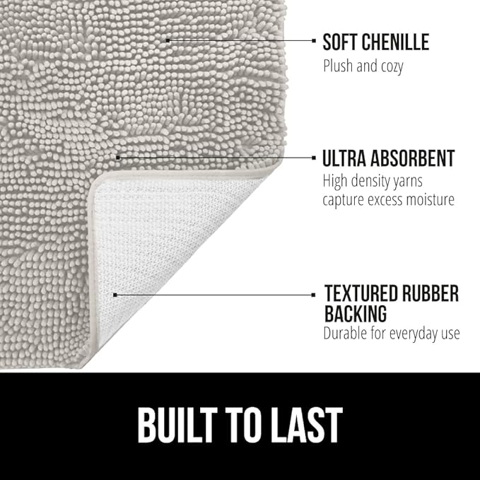 GORILLA GRIP Bath Rug Mat 30x20, Soft Absorbent Chenille, Quick Dry Microfiber Mats, Rubber Backing Washable Shower Floor Rugs, Bathmat Runner, US Designed Bathroom Home Decor Accessories Light Gray