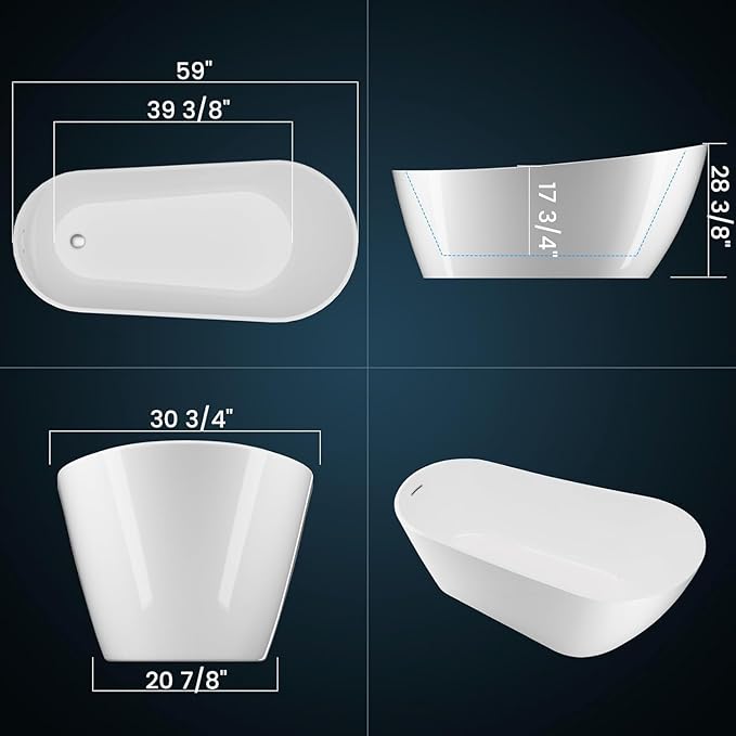 59" Free Standing Tub, Acrylic Freestanding Bathtub, Modern Soaking Tub with Integrated Overflow and Drain, White Bathroom Fixture, Stand Alone Bathtub, CUPC Certified