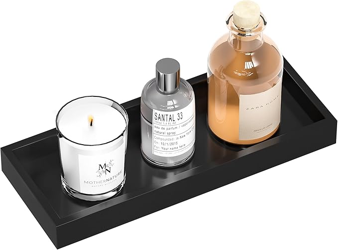 ZHWS Bathroom Tray Countertop for Toiletries, Black Vanity Tray for Makeup Perfume Decor Candle, Bamboo Kitchen Tray for Soap Dispenser Salt Pepper Brush Holder 11.3” L x 4.4” W x 1.1” H