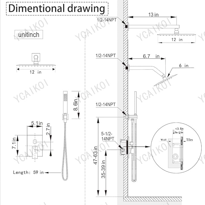 Shower Faucet Set Polished Chrome Shower System, Knob Switch Diverter Shower Faucet with High Pressure Handheld Spray, Wall Mount 12 Inch Shower Head with 6 Inch Wall Mount Shower Head