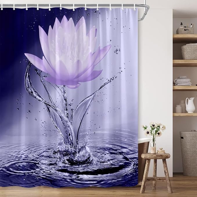 Lotus Shower Curtain Black White Violet Flower Elegant Blooming Floral with Dew Spring Flower Reflection on Water Modern Romantic Polyester Fabric Bathroom Decor 70×84 Inch with Hook
