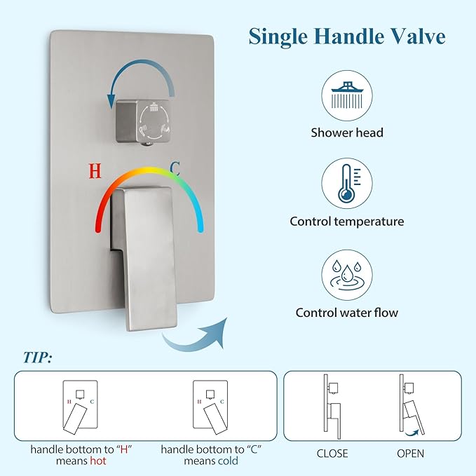 12 inch Square Shower Head and Handheld Set, Gasecoet Shower System with Tub Spout Wall Mounted Shower Faucet for Bathroom - Brushed Nickel (With Shower Valve)