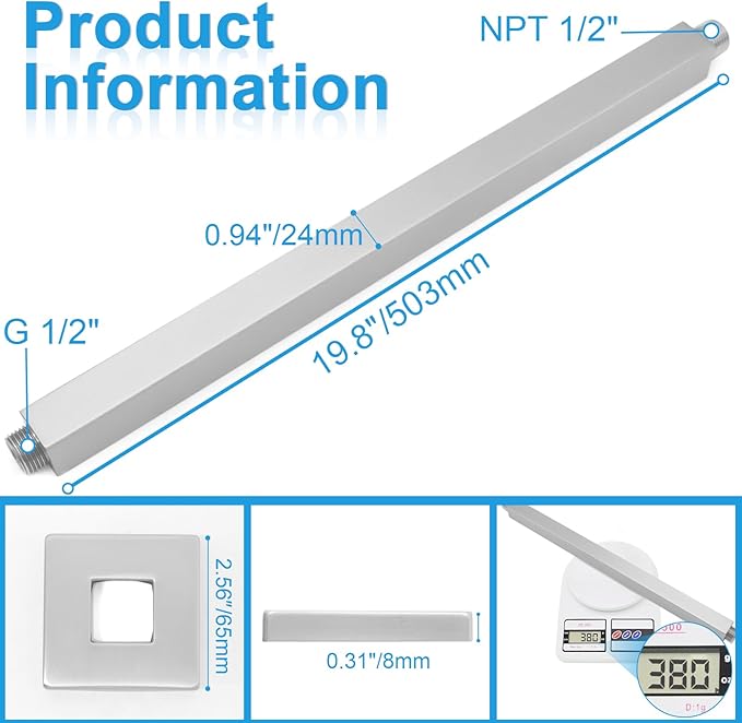 Ceiling Mount Shower Arm with Flange 20 Inches Square Straight Extender Extension Pipe Replacement, Long Shower Arm For Fixed Rain Shower Head or High Ceiling,Brushed Nickel