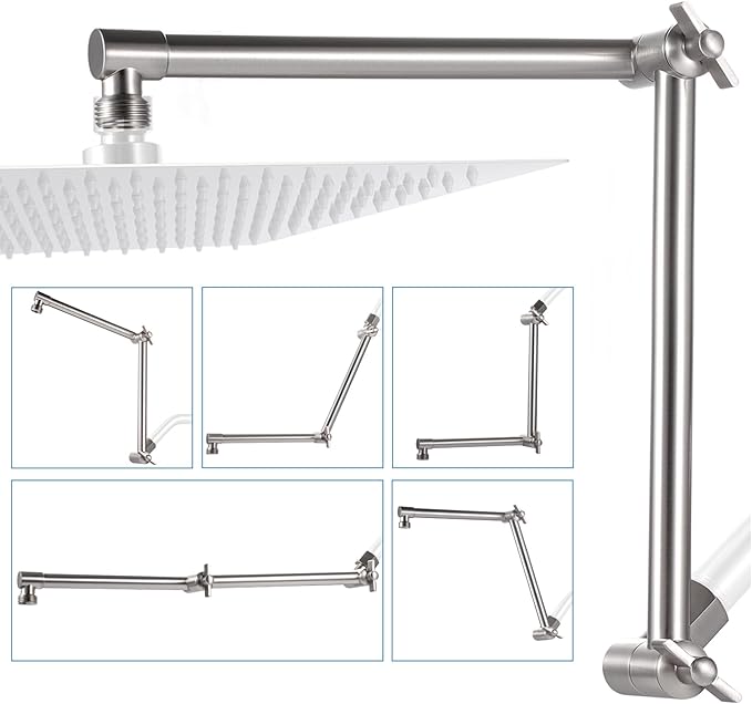 G-Promise 16 Inch Shower Head Extension Arm, Solid Brass Height & Angle Adjustable Extender, Rise or Lower Rainfall and Fixed Shower Head (Brushed Nickel)