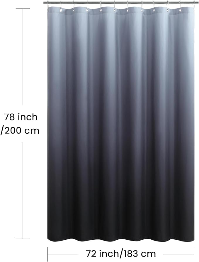 Fabric Shower Curtain 78 Inches Long, Blakc and Grey Ombre Shower Curtains for Bathroom, Modern Waterproof Bathroom Curtains, 72" W x 78" H