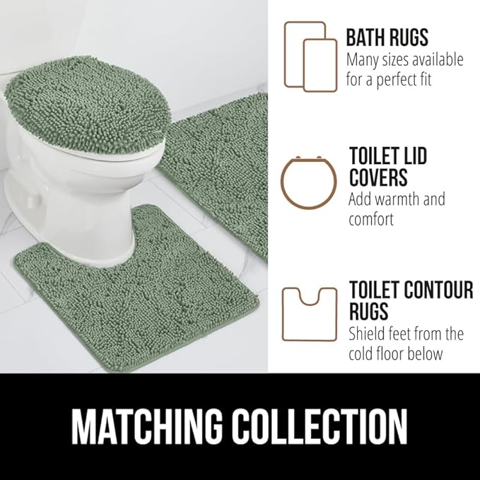 GORILLA GRIP Bathroom Rug Sets 3 Piece, Bath Mat Set and Oval Toilet Base with Rubber Backing, Plush Absorbent Shaggy Chenille Washable Mats, Includes 24x19.5, 24x17 and 36x24 Inch Rugs, Sage