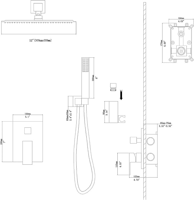 Lordear Rain Shower System 12 Inch Wall Mounted Shower Faucet Set, Brushed Nickel Stainless Steel Shower Head with Handle Set and Brass Valve Brushed Nickel 12" Shower Head