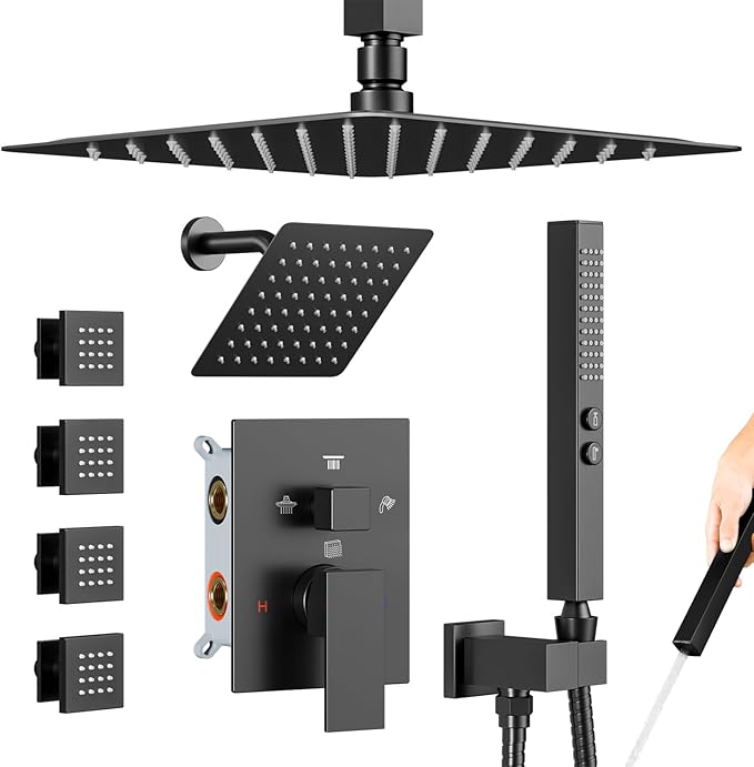 Shower System with Body Jets, Bostingner Four Modes Shower Faucet 10+6" Rain Shower Head with Handheld Spray 2 Ways, 4Pcs Shower Jets System in Wall Shower Faucet Sets Complete, Matte Black