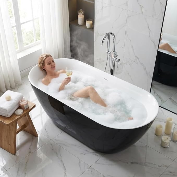 59" Freestanding Acrylic Bathtub, Deep Soaking Tub with Non-Slip Base & Chrome Drain, cUPC Certified, Black Symmetrical