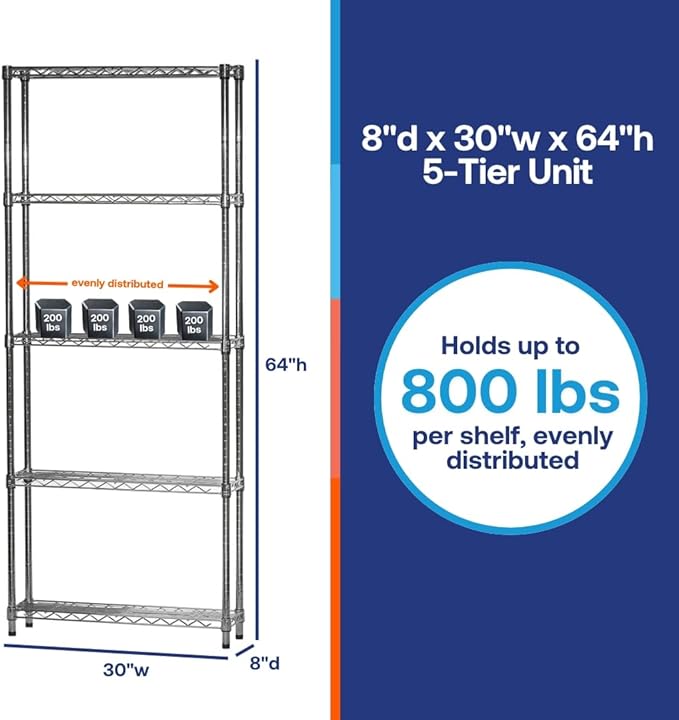 Shelving Inc. 8" d x 30" w x 64" h Chrome Wire Shelving with 5 Tier Shelves, Weight Capacity 800lbs Per Shelf