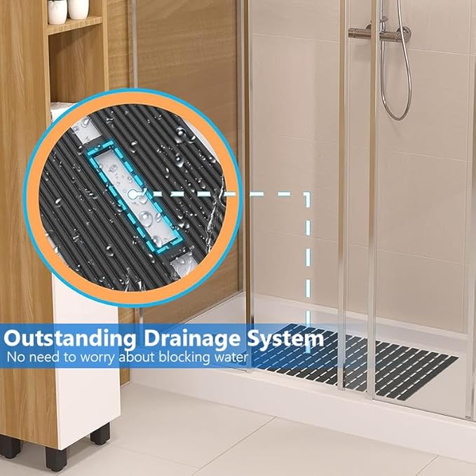 Bath Mat Non Slip Shower Mat Bathtub with Drain Holes and Heavy Duty Rubber No Suction Cups Sturdy Shower Stall Tub Mat for Bathroom, Shower Floor, Pool, SPA, (Black, 2FT X 24FT)