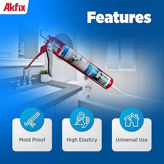 Akfix 100E RTV White Silicone Caulk (4x10.1 fl.oz.) - 100% Waterproof Silicone Sealant for Kitchen and Bathroom, Shower, Toilet, Sink, Window and Door, No Yellowing | White, 4 Pack