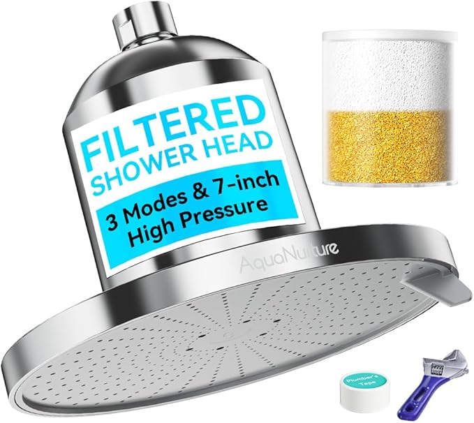 Filtered Shower Head with Filters, High Pressure 3 Modes 7 Inch Filter Showerhead for Healthier Hair & Skin, Remove Chlorine and Heavy Metals For Hard Water,Best Rain Shower Heads 2.5 GPM，Chrome