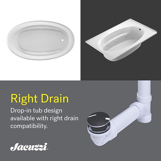 Jacuzzi SIGNATURE Acrylic Drop-In Bathtub, Heated Jet Massage Tub, Slip Resistant, Right Drain Placement, 72" (L) x 42" (W), Oval, White
