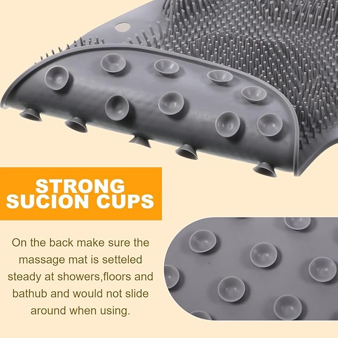 Shower Foot & Back Scrubber, Massage Pad with Suction Cups & Pumice Stone, Multi-Surface Silicone Bath Mat for Exfoliating and Massaging in Shower or Bathtub, 9.8x11.8 Inch (Yellow)