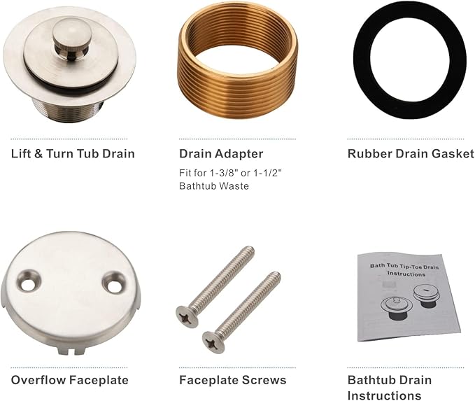Brushed Nickel Tub Drain Lift &Turn Tub Trim Set with Two-Hole Overflow Faceplate Conversion Kit Assembly, Hidrop Bathtub Drain Replacement Trim Kit and Universal Fine/Coarse Thread
