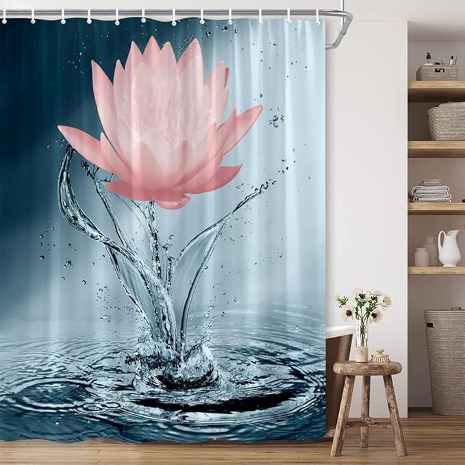 Lotus Shower Curtain Blue Red Flower Elegant Blooming Floral with Dew Spring Flower Reflection on Water Modern Romantic Polyester Fabric Bathroom Decor 86×70 Inch with Hook