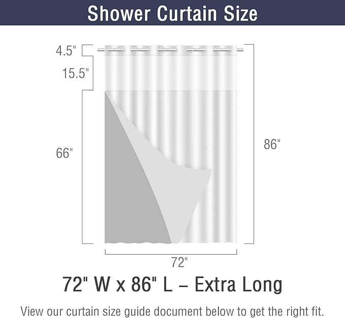 Gibelle Extra Long Shower Curtain 72x86, Waffle Weave Bathroom Shower Curtain with Snap-in Fabric Liner Set, No Hooks Needed, Hotel Style with Mesh Top Window, Grey