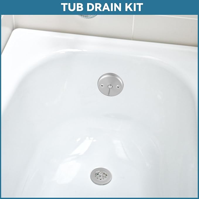 Bathtub Drain Stopper Trip Lever - Universal Bath Tub Drain Plug with Strainer, Suitable for 1-1/2" and 1-3/8" Tub Drain Replacement, Bathroom Tub Drain Trim Overflow Plate Kit (Brushed Nickel)