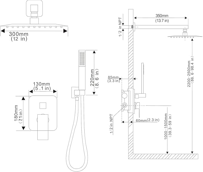 Shower Faucet Combo Set with Shower Spray Wand Large 12 Inch Shower Head Brushed Nickel Surface High Pressure with Rough-in Valve, Brushed Nickel