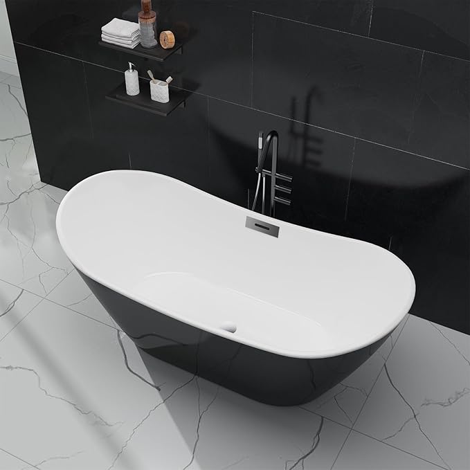 59 Inch Freestanding Acrylic Bathtub, Modern Soaking Tub with Chrome Overflow & Drain, CUPC Certified, Deep Soaking Design for Luxurious Spa Experience, Contemporary Bathroom Centerpiece