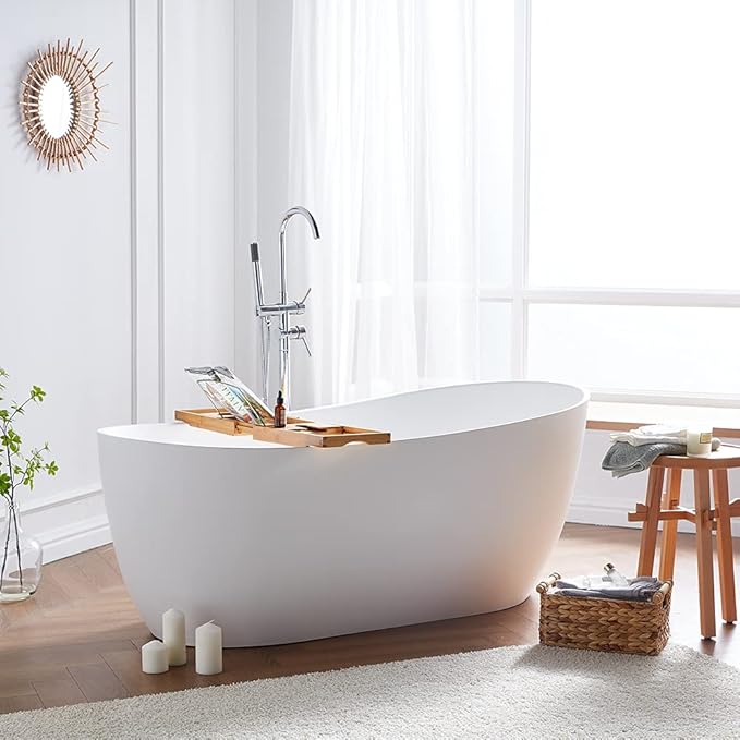 Cpingao 63" Stone Resin Solid Surface Freestanding Bathtub, Modern Stand Alone Soaking Tub with Overflow and Pop Up Drain, One-Piece Molding Matte White 8828-1600