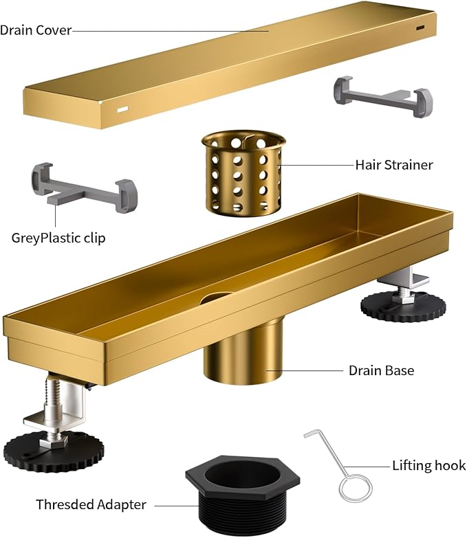 Linear Shower Drain, 304 Stainless Steel with Adjustable Leveling Feet, Hair Strainer,Reversely Install Place to Create an Invisible Floor Drain - Gold -16-Inch