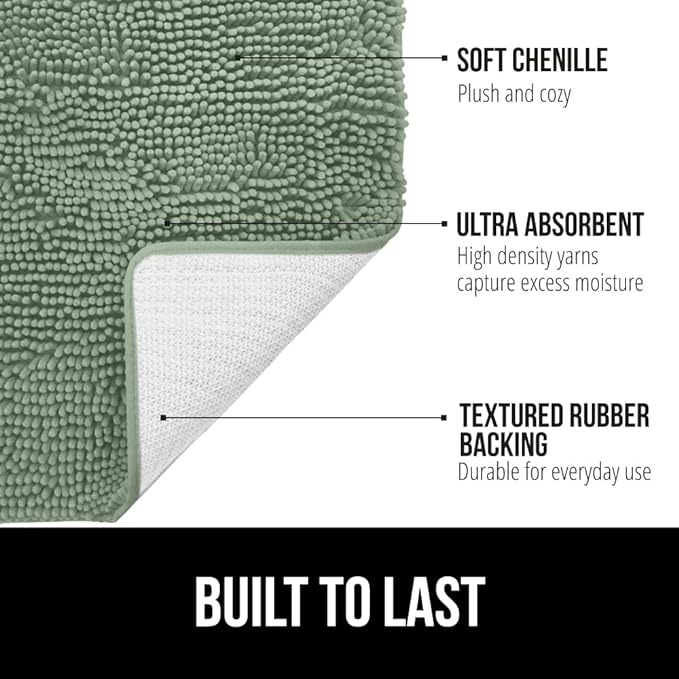 GORILLA GRIP Bath Rug Mat 30x20, Soft Absorbent Chenille, Quick Dry Microfiber Mats, Rubber Backing Washable Shower Floor Rugs, Bathmat Runner, US Designed Bathroom Home Decor Accessories Sage Green