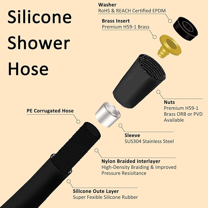 59 Inches Shower Hose Ultra-Soft Silicone Shower Hose Extension Anti-Kink Designed Long Handheld Shower Head Hose Replacement with Brass Insert and Nut Black