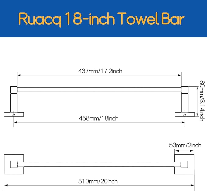 RUACQ Towel Bar 18 inch, Towel Racks for Bathroom, 304 Stainless Steel Towel Holder Wall Mounted, Heavy Duty Bathroom Decor Towel Rod (Brushed Gold)