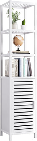 HITNET Bathroom Tall Cabinet, Floor Standing Bamboo Storage Cabinet with 6 Shelves and Shutter Door for Kitchen Living Room, White