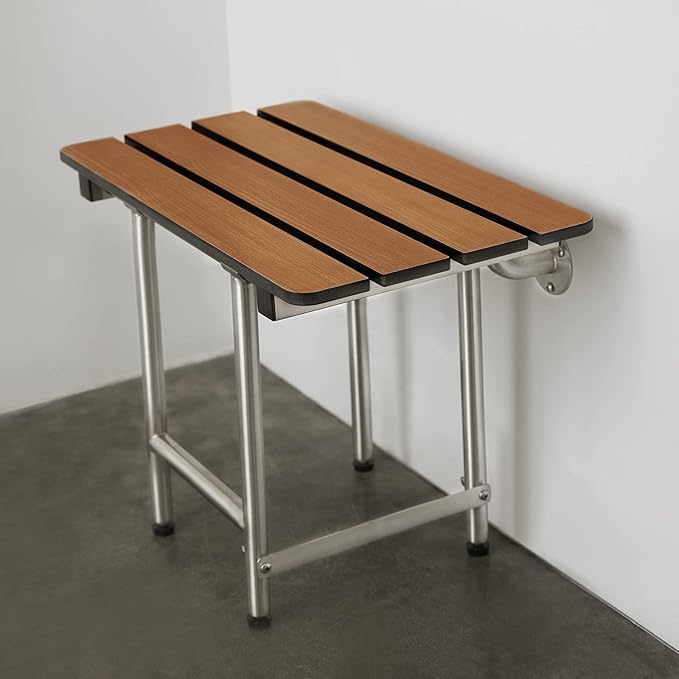 Seachrome 22-inch ADA Folding Shower Seat with Legs, Teak Phenolic Slats