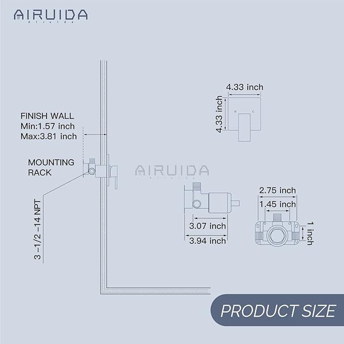 Airuida Square Single-Function Brass Faucet Shower Rough-in Valve Male Thread Bathroom Trim Kit Single Handle Tub Shower Valve 4.3 Inch Cover Plate Matte Black