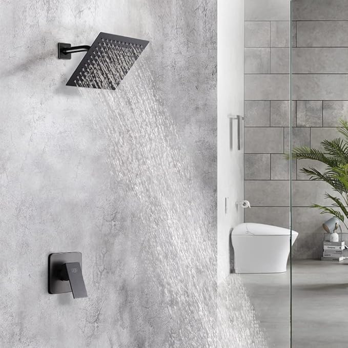 POP SANITARYWARE Matte Black Shower Faucet Set, Bathroom Rainfall Shower System with Stainless Steel Metal Showerhead, Single Function Shower Trim Kit with Rough-in Valve