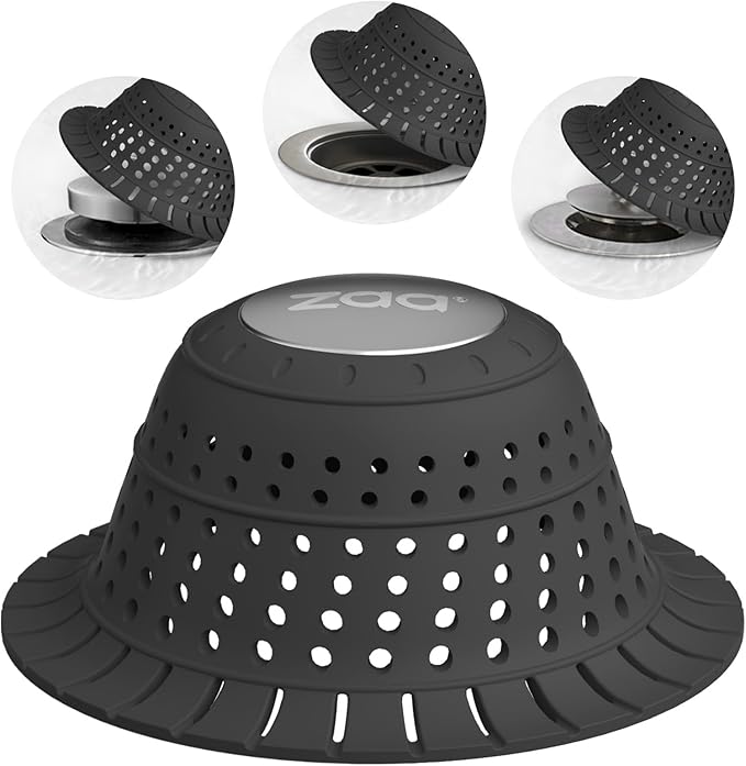 zaa Bathtub Drain Hair Catcher, Silicone Collapsible 1 Pack Drain Protector for Pop-Up and Regular Drains of Shower,Tub, Bathroom, Sink, Charcoal Black