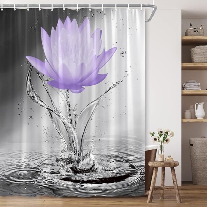 Lotus Shower Curtain Black White Grey Violet Flower Elegant Blooming Floral with Dew Spring Flower Reflection on Water Modern Romantic Polyester Fabric Bathroom Decor 108×70 Inch with Hook