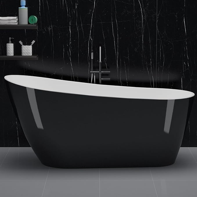59" Acrylic Freestanding Bathtub - Glossy Black Oval Soaking Tub with Chrome Overflow & Drain Kit, CUPC Certified