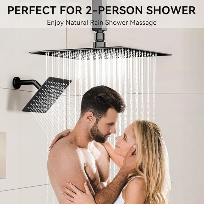 Shower Faucet Set Matte Black Shower System,12" Ceiling Rainfall and 6" Wall Mount Rain Shower with 2 in 1 Handhled, Can Use All at Once, Thermostatic Shower Set with Valve and Trim Kit