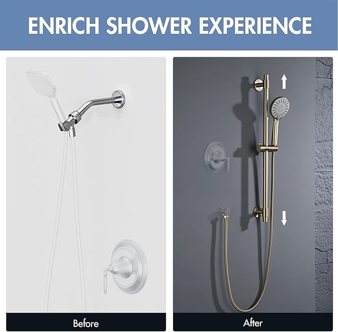 Adjustable Shower Slide Bar with 5-Function Handheld Shower Head, Stainless Steel Drill-free Mounted Slide Bar Combo with Extra Hose (Brushed Gold)