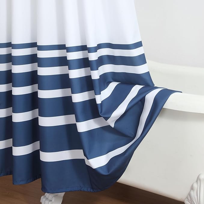 Extra Long Blue and White Striped Shower Curtain 72x84 Inches, Waterproof Fabric with Modern Gradient Lines, 12 Rustproof Grommets & Weighted Hem