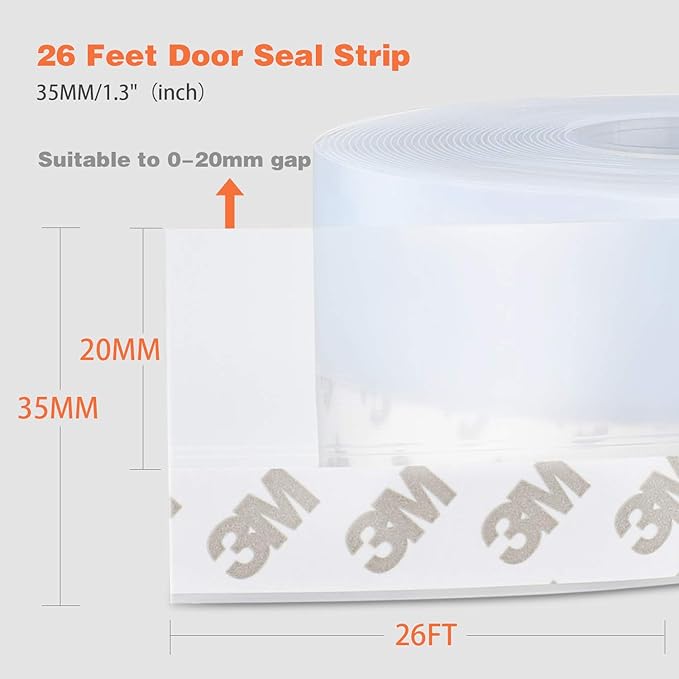 26 Feet Silicone Seal Strip, Transparent, 35MM - Door & Window Seal, Draft Stopper Adhesive Tape for Doors, Windows & Shower Glass Gaps