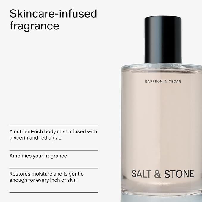 Salt & Stone Body Mist, Saffron & Cedar Scent, Skincare Infused Hair & Body Spray for Women and Men, Hydrating Fragrance with Glycerin and Red Algae, Vegan, Cruelty Free, 3.4 fl oz