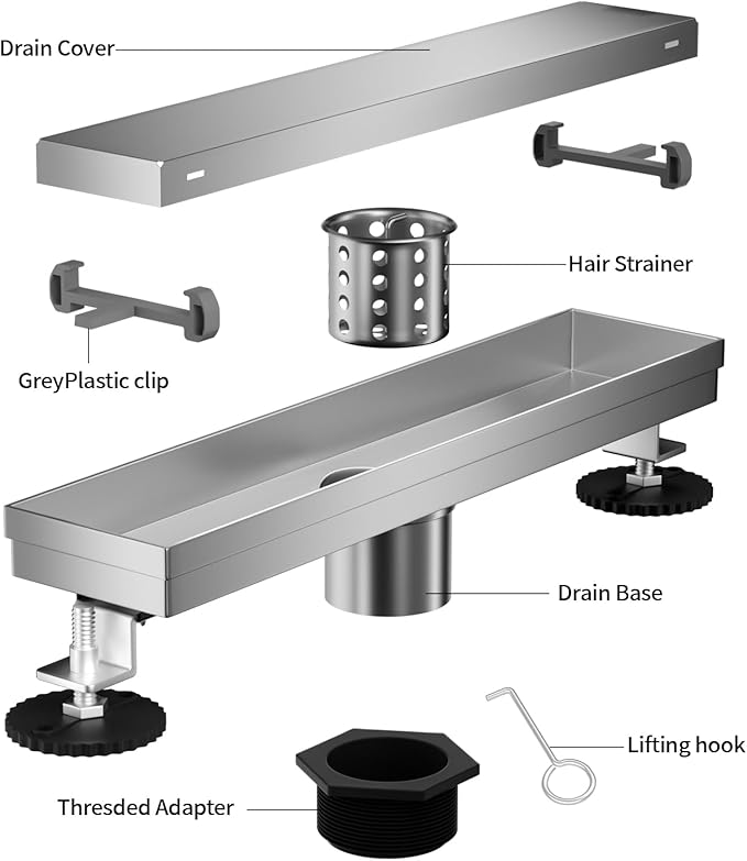 Linear Shower Drain, 304 Stainless Steel with Adjustable Leveling Feet, Hair Strainer,Reversely Install Place to Create an Invisible Floor Drain - Silver -16-Inch