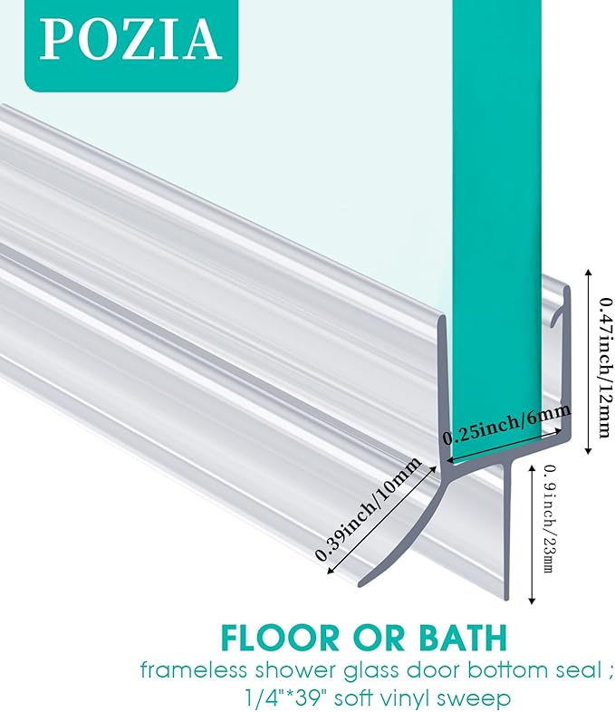 POZIA Clear Frameless Glass Shower Door Bottom Seal | Shower Door Sweep for Leak-Proof, Quick Installation to Create Reliable Water Barrier (1PACK-1/4in-23mm Gap)